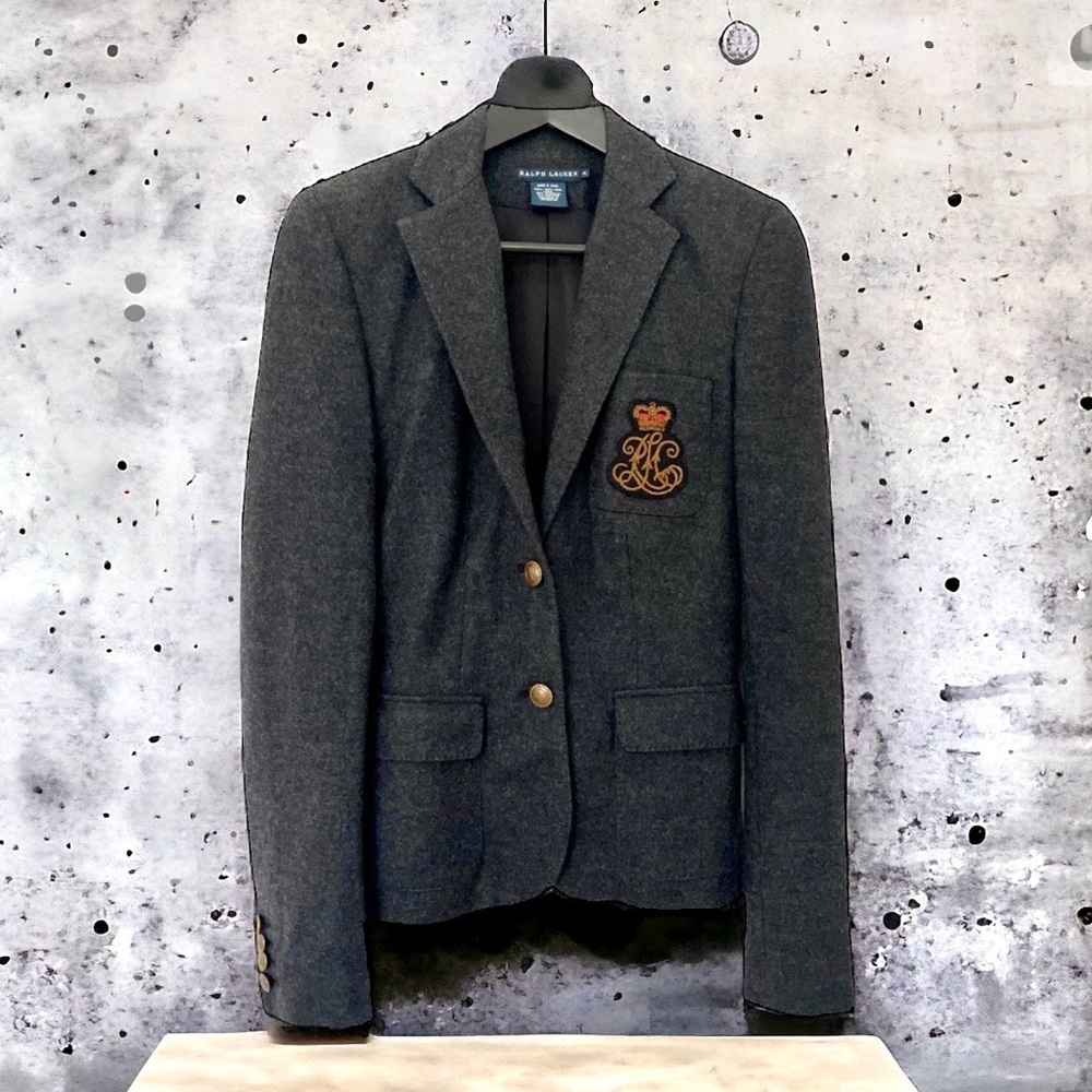 Ralph Lauren Wool Blazer Gray Logo Embroidered Size sm